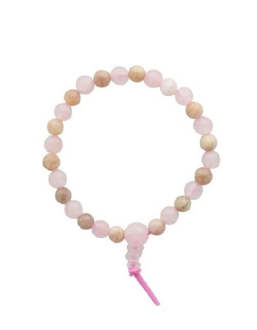 Bracelet mala pour enfant en perles de pierres naturelles de quartz rose et pierre de soleil avec élastique rose