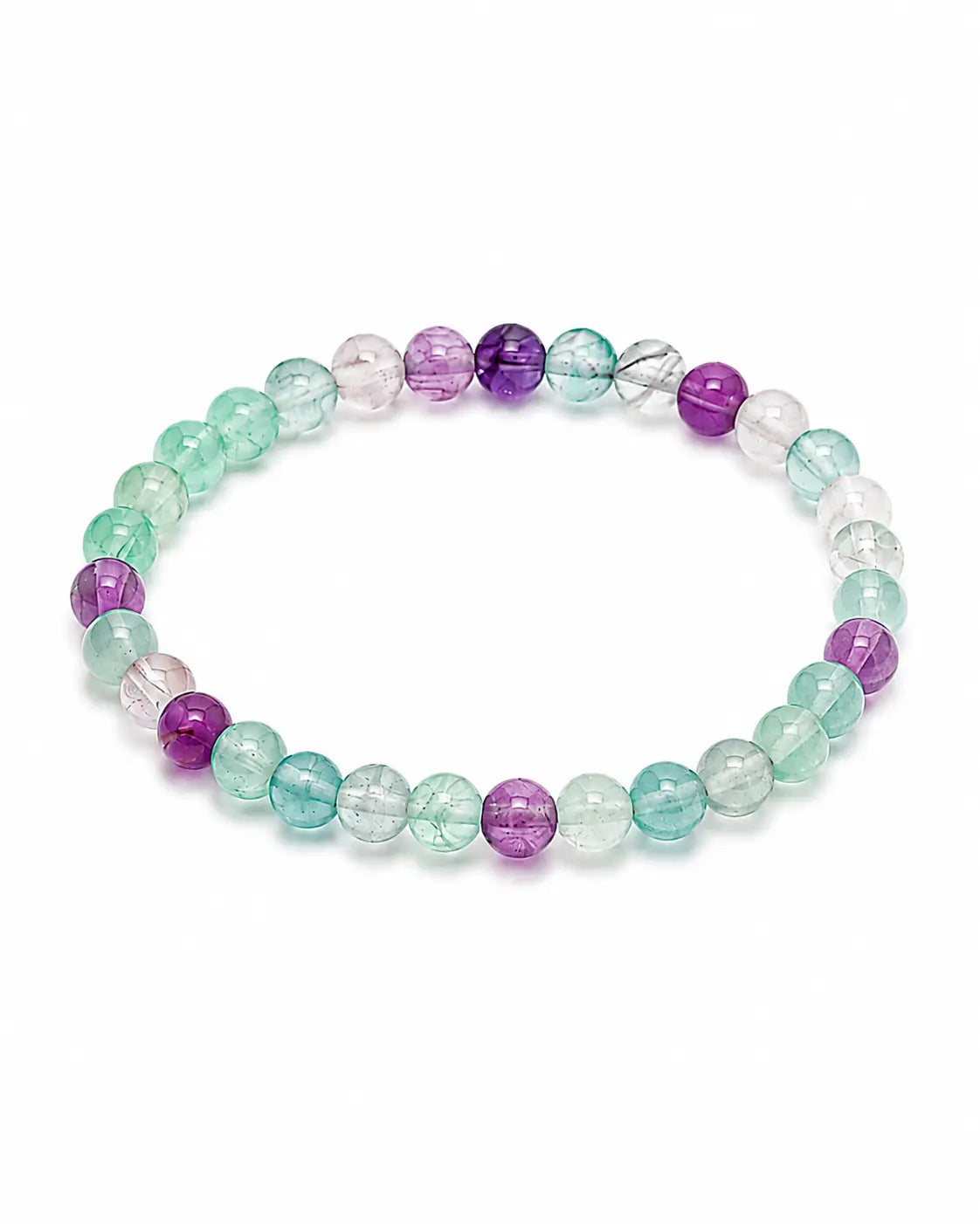 Bracelet enfant en fluorite composé de perles rondes vertes, violettes et translucides sur fond blanc
