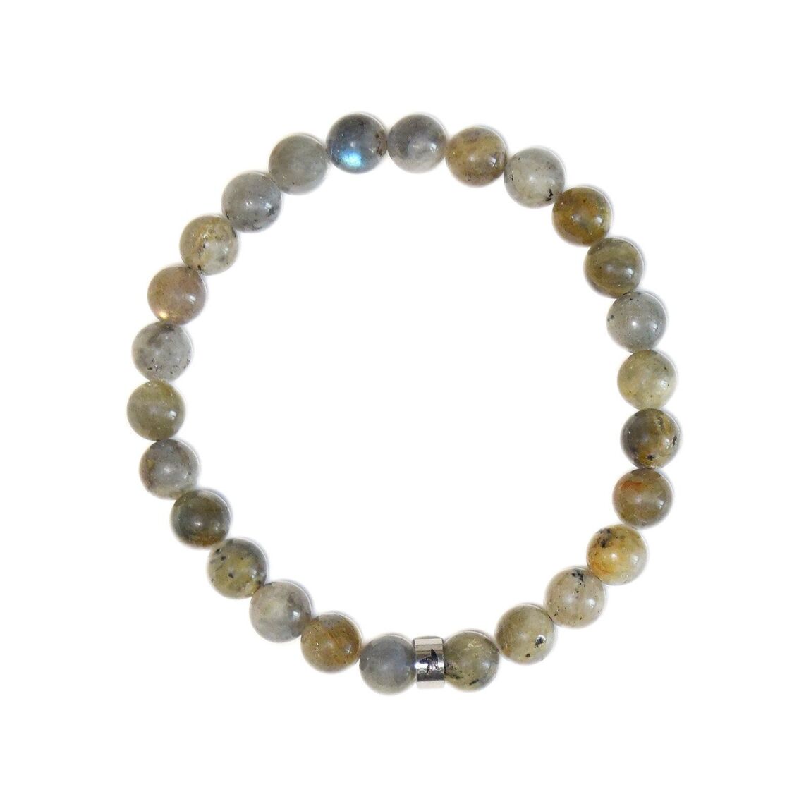Bracelet en perles rondes de labradorite grise avec élément en acier inoxydable argenté