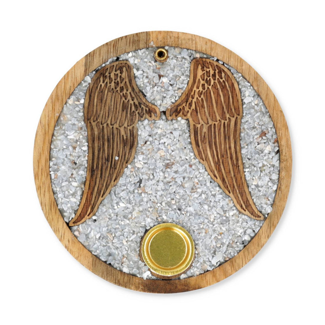 Porte encens ailes d'ange bois de manguier et cristaux d'angélite , vue de dessus fond blanc
