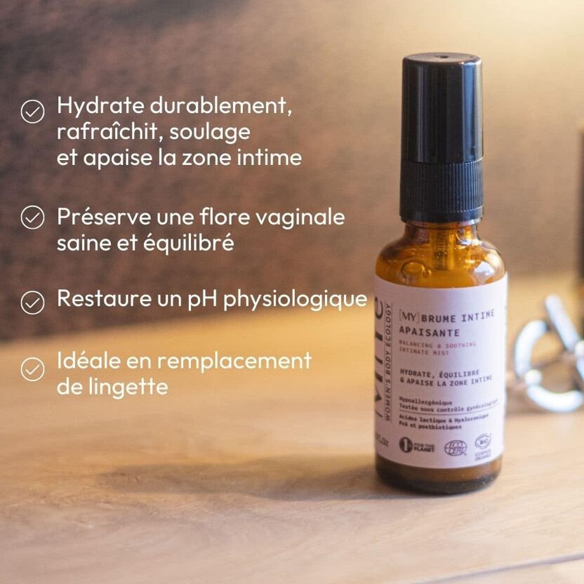 Bienfaits de la Brume intime apaisante bio MiYé, flacon pompe en verre brun avec étiquette rose