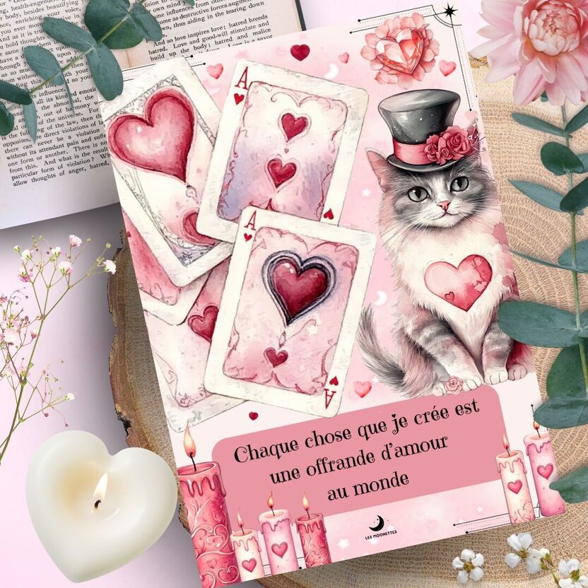 Carte les Moonettes d'affirmation positive incantation d'amour avec message et illustrations roses, sur rondelle de bois, branches d'eucalyptus et bougie coeur blanche