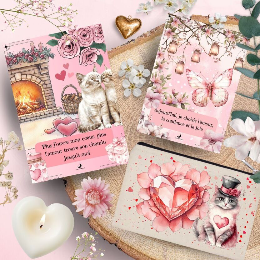2 cartes illustrées avec message d'amour et pochette en tissu avec illustrations chat et diamant, posées sur tranche de bois, coeur doré, et bougie blanche en coeur