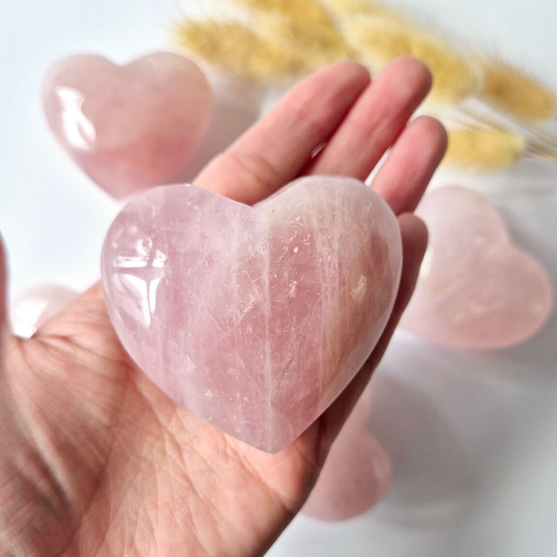 Main tenant dans sa paume un coeur en quartz rose, au dessus de plusieurs coeurs en quartz rose et d'herbes séchées