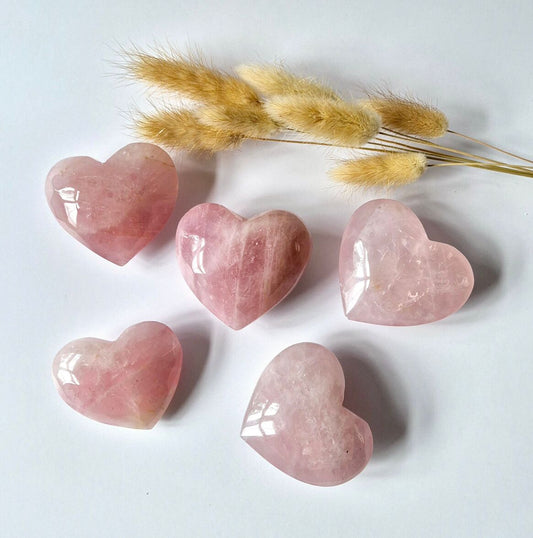 5 coeurs en quartz rose poli et herbes séchées surfond blanc