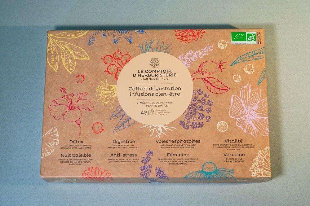 Coffret en carton avec motifs de plantes, dégustation de 48 infusions bien-être, de l'herboriste Le comptoir d'Herboristerie
