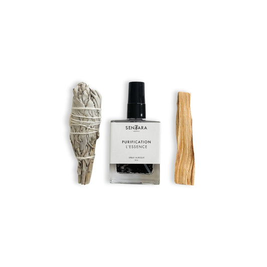 Coffret purification et protection, 1 bâton de palo santo, 1 sauge blanche, 1 flacon verre spray aurique l'essence purification