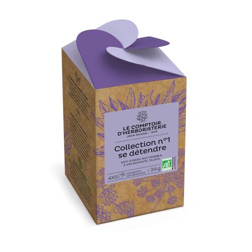 Boîte en carton avec dessus violet de la Collection n1 se détendre Le Comptoir de l'Herboristerie, avec 4 x 5 infusettes de plantes bio à l'intérieur