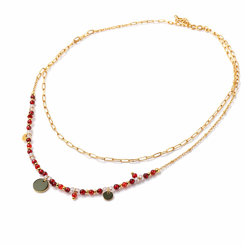 Collier double avec chaîne dorée avec perles de cornaline et cristal de roche 
