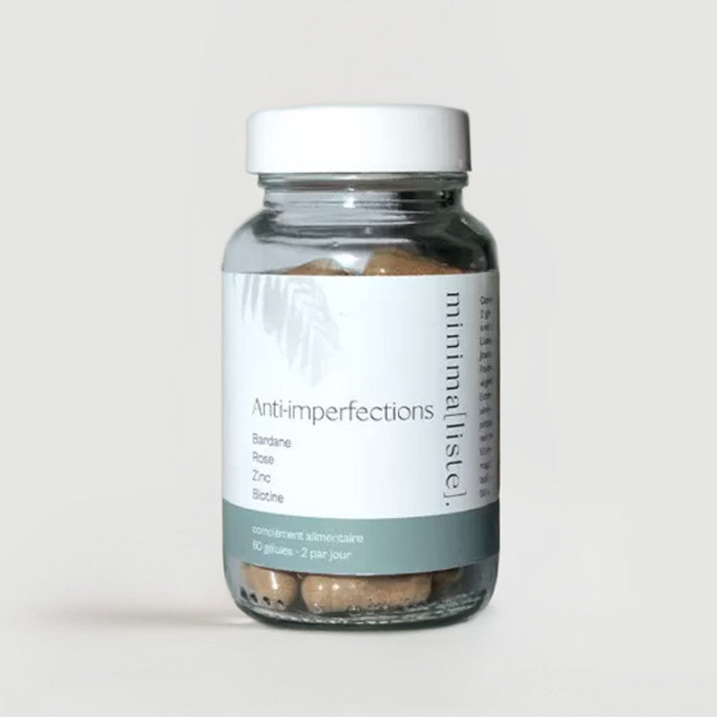 Pot en verre, bouchon blanc, compléments alimentaires 60 gélules anti-imperfections, zinc, rose, bardane, biotine