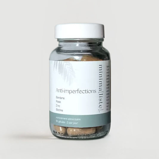 Pot en verre, bouchon blanc, compléments alimentaires 60 gélules anti-imperfections, zinc, rose, bardane, biotine