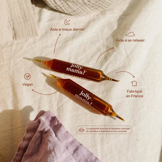 Deux ampoules Mama Dreams de Jolly Mama sur un tissu écru, avec les mentions sommeil, relaxation, vegan et fabrication française.