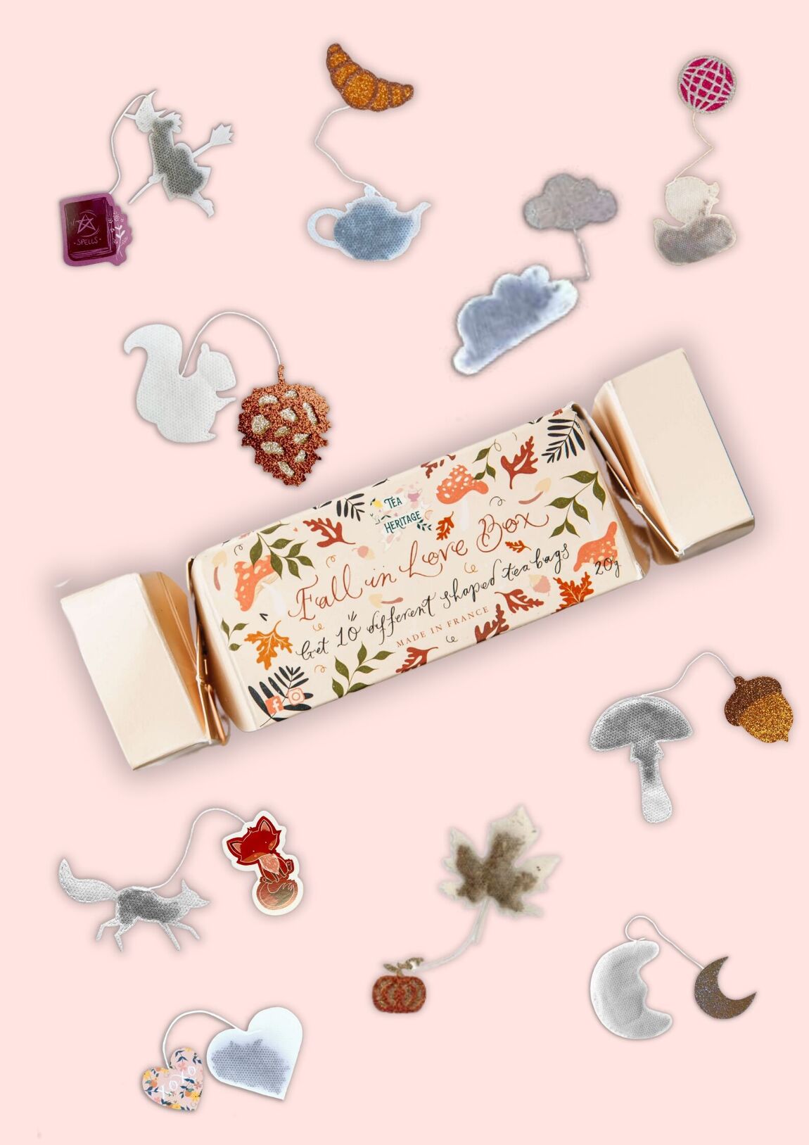 Pochette surprise et ses sachets de thés en forme de lune, feuille, écureuil, théière, citrouille