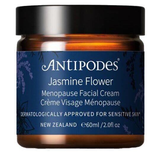 Pot en verre de la crème visage jasmine flower pour la ménopause, de la marque Antipodes