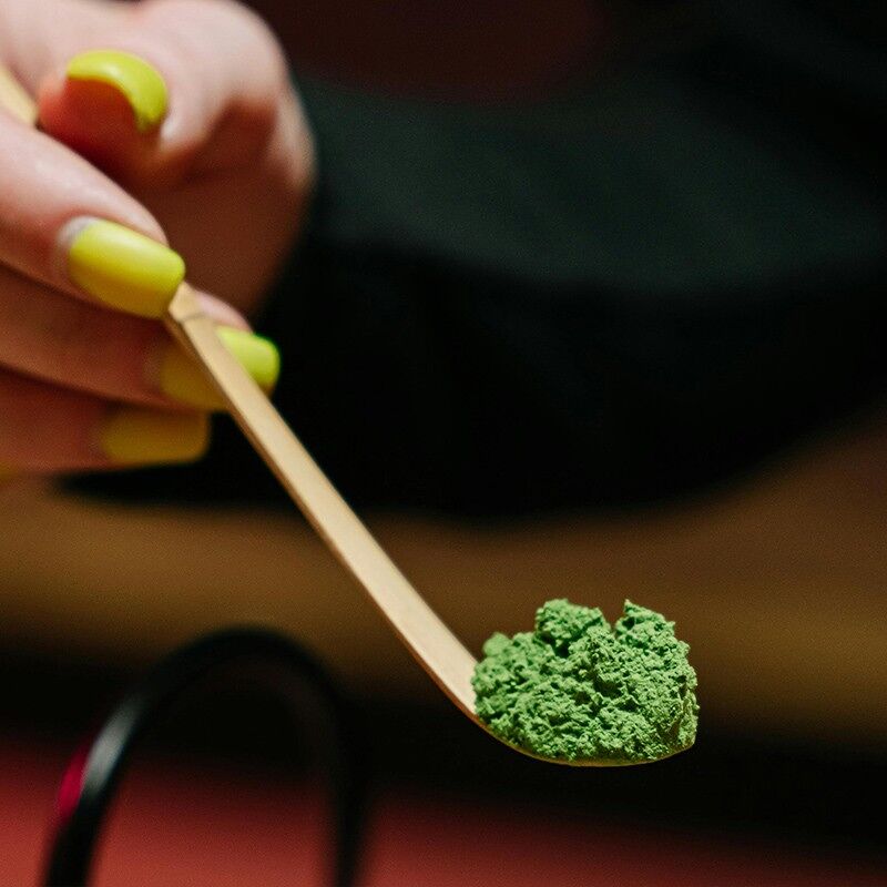  Main de femme, vernis jaune, tenant une cuillère doseuse chashaku en bambou avec poudre de thé vert matcha