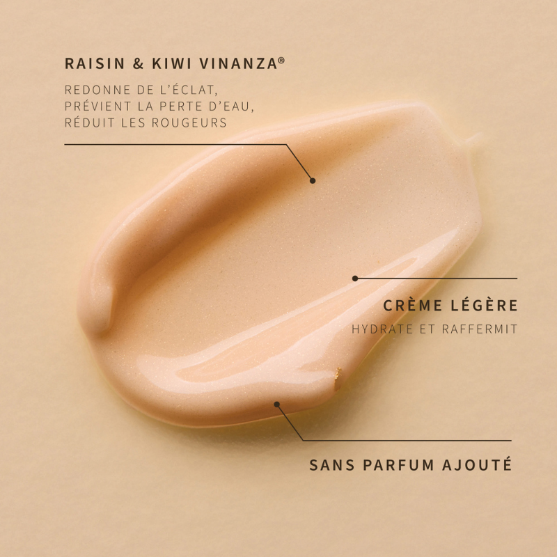 Texture beige dorée de la crème contour des yeux Antipodes avec texte explicatif de ses indrédients et vertus