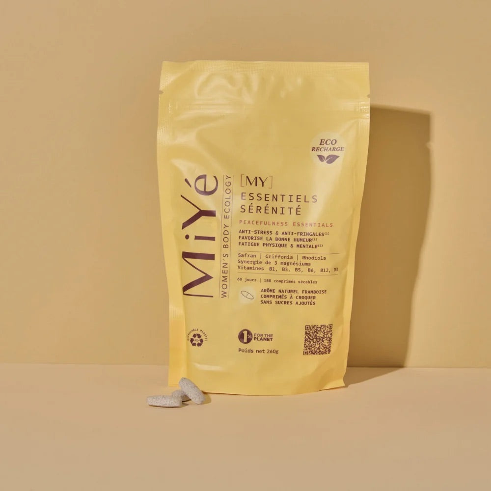 Sachet jaune éco recharge des compléments alimentaire sérénité de MiYé, 3 comprimés à croquer