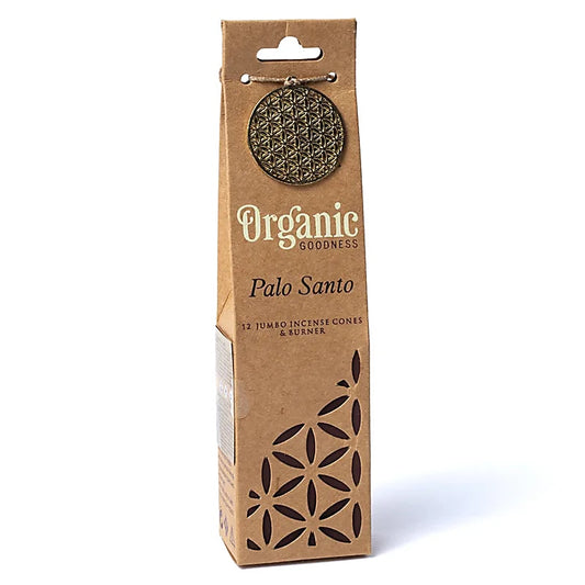 Set encens cônes bio Palo Santo Organic Goodness, boîte kraft avec pendentif fleur de vie doré
