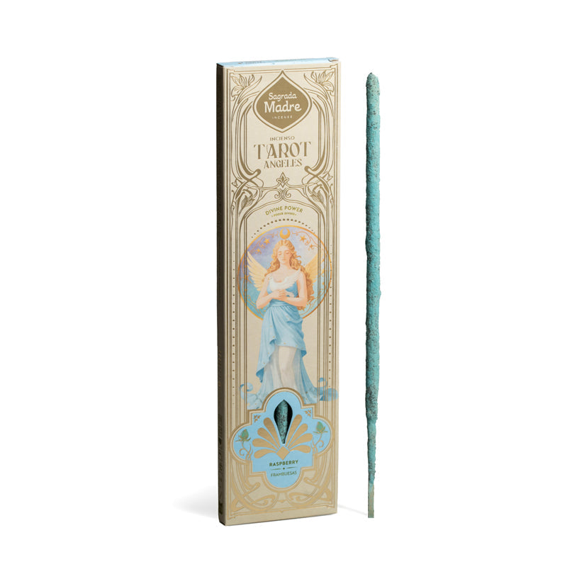Encens Tarot Angeles Pouvoir Divin Framboise Sagrada Madre , boîte dorée avec illustration d'ange et bâtonnet d'encens bleu turquoise
