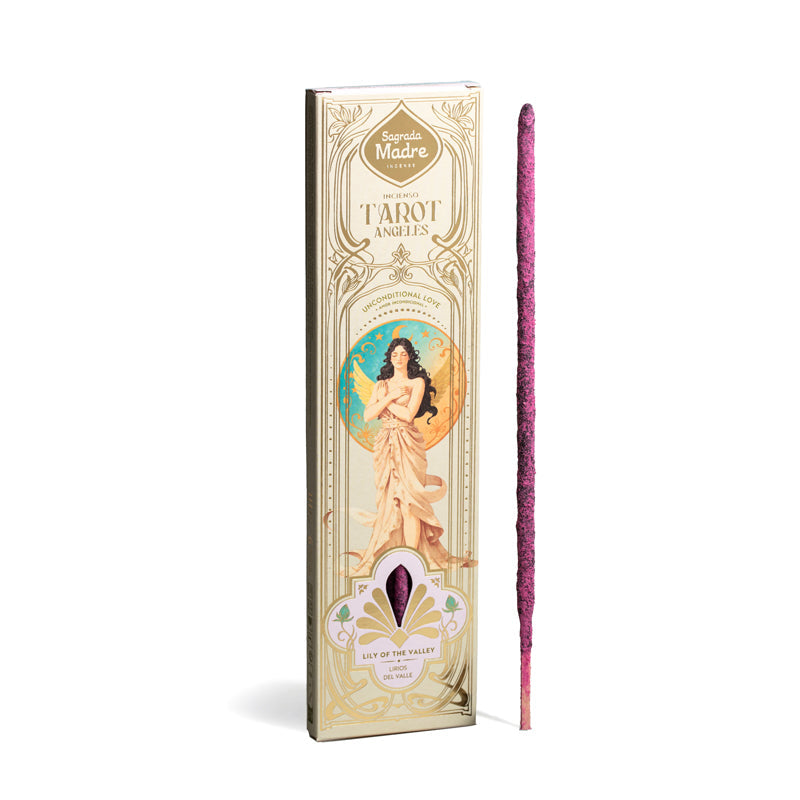 Encens Tarot Angeles Amour Inconditionnel Muguet Sagrada Madre boîte dorée Art Nouveau avec ange et bâtonnet rose violet