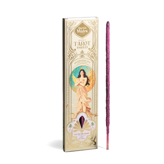 Encens Tarot Angeles Amour Inconditionnel Muguet Sagrada Madre boîte dorée Art Nouveau avec ange et bâtonnet rose violet