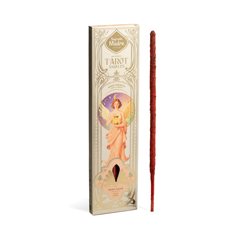 Encens Tarot Angeles Force Intérieure Cacao Sagrada Madre boîte Art Nouveau ange avec calice et bâtonnet rouge brique fond blanc