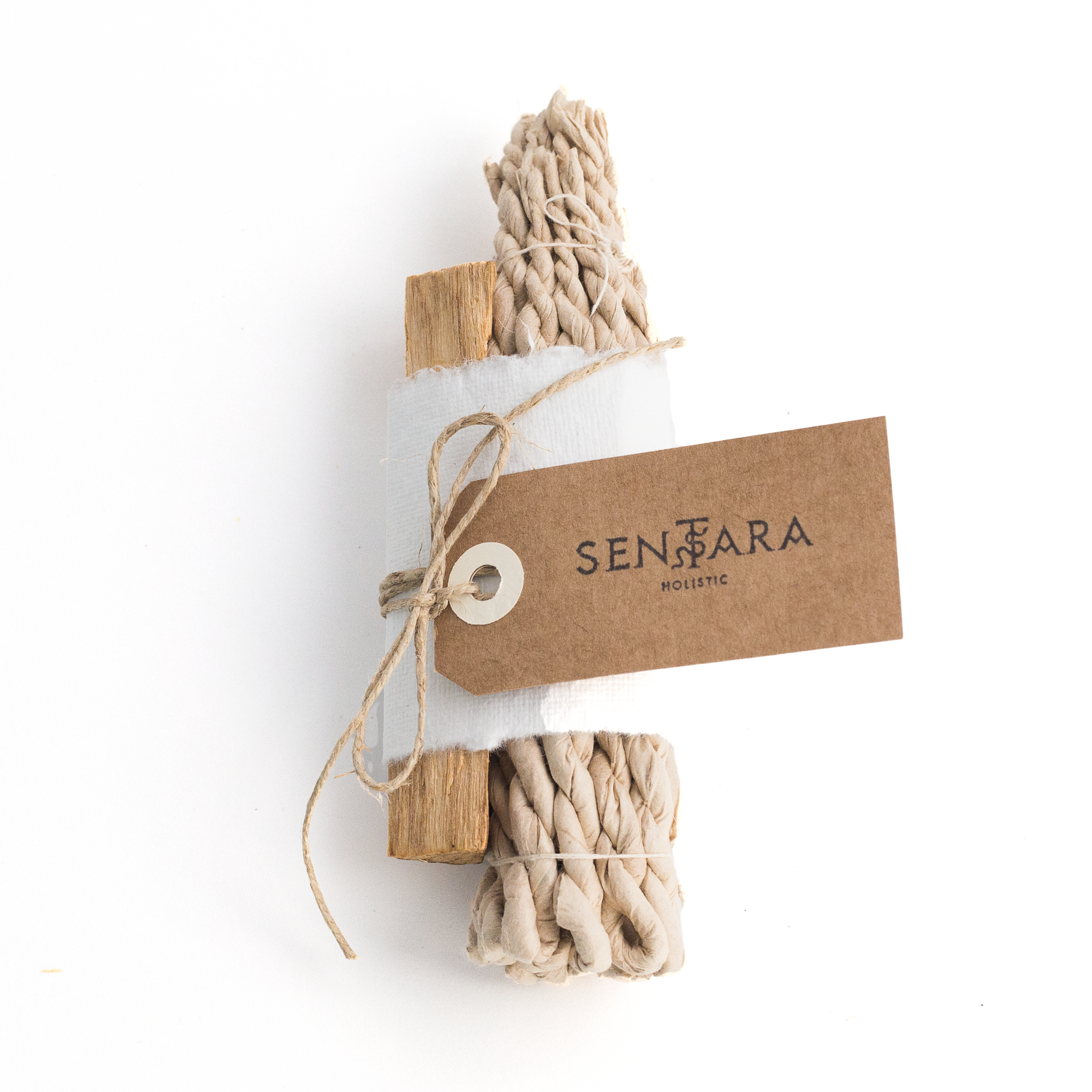 Lot d'un bâton de Palo Santo et de cordelettes d'encens tibétains avec étiquette kraft avec la marque Sentara Holistic