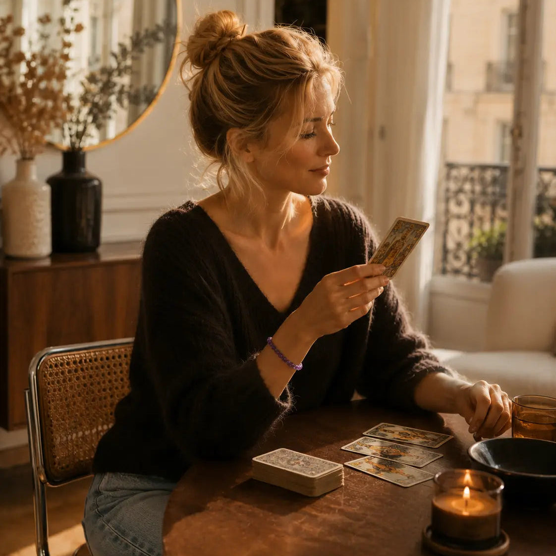 Femme portant un bracelet en améthyste au poignet lors d’un tirage de cartes de tarot à une table avec une bougie allumée
