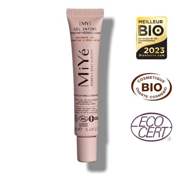 Tube rose du gel intime hydratant rééquilibrant MiYé avec ses certifications bio, ecocert, charte cosmebio