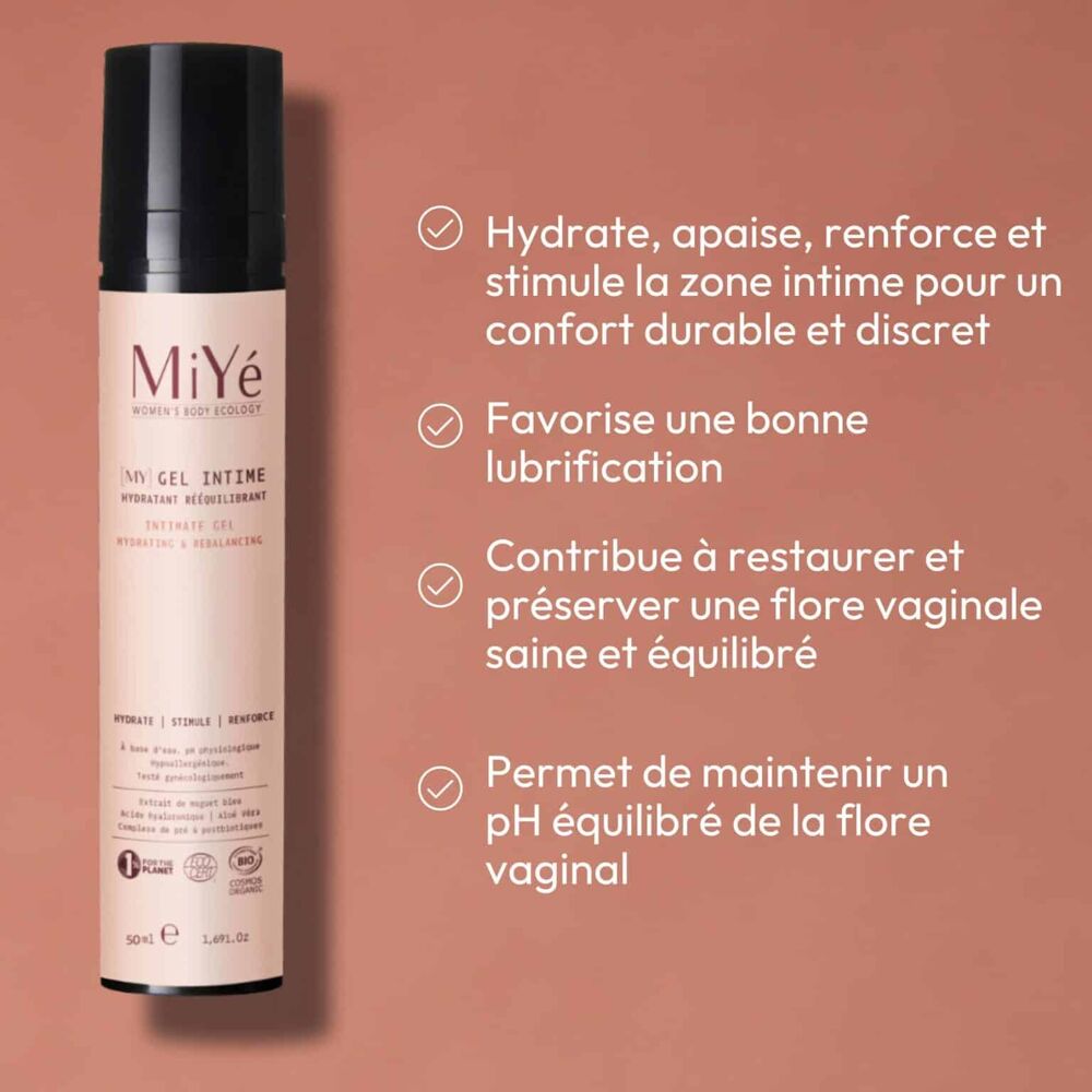 Visuel du gel intime lubrifiant hydratant et rééquilibrant miYé, flacon pompe rose poudré et son bouchon noir avec liste de ses bienfaits