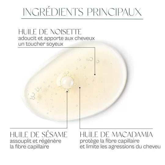 Visuel des ingrédients principaux de de l'huile capillaire minimaliste, vue sur la texture du produit