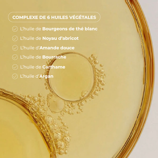Complexe de six huiles végétales bio de l’huile corps et cheveux au thé blanc Léonia, photo d'une goutte d'huile grossie
