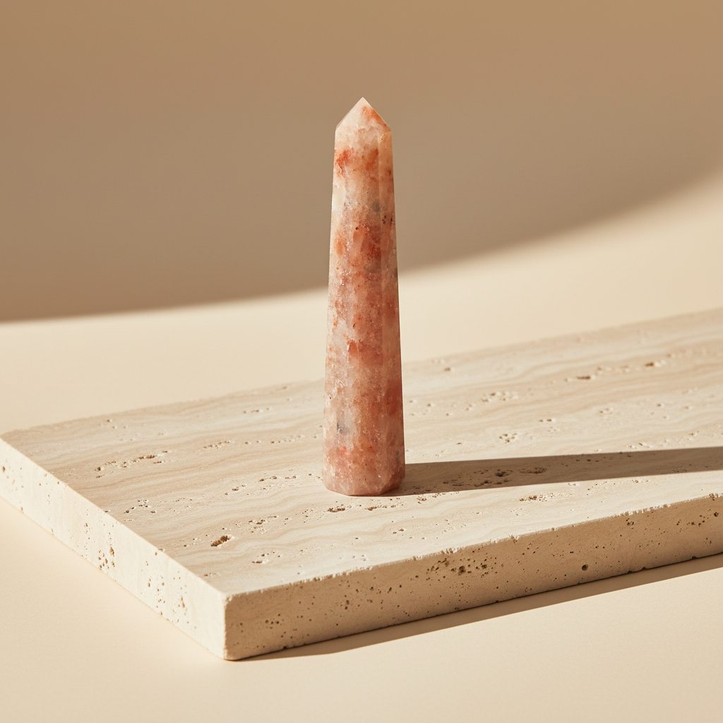 Obélisque en Pierre de Soleil naturelle polie sur travertin beige, reflets dorés et aventurescents – ambiance luxe minimaliste