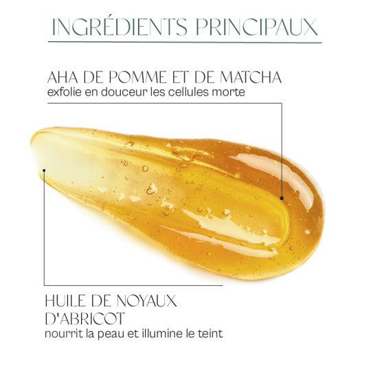 Descriptif de la texture gel du masque resplendissant exfoliant Minimaliste et de ses ingrédients principaux : huile de noyaux d'abricot et AHA de pome et de matcha