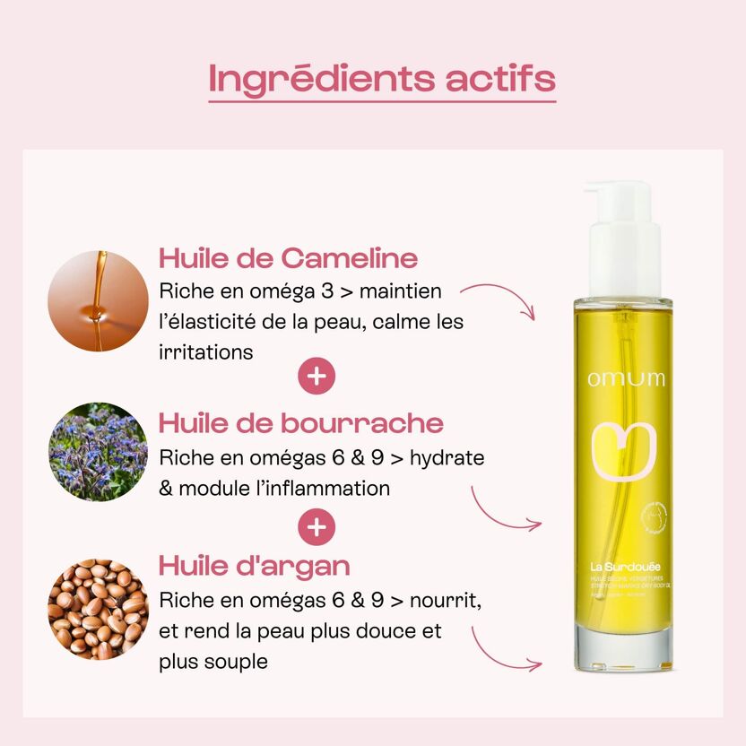 Visuel du flacon pompe en verre de l'Huile La Surdouée et de ses ingrédients principaux huile de cameline, de bourrache, d'argan