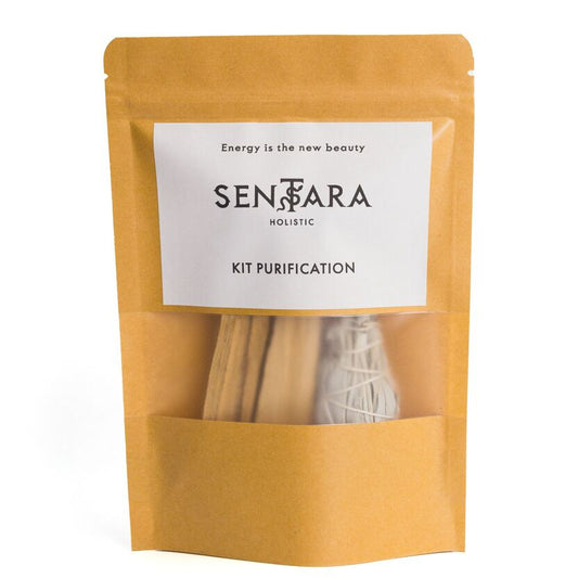 Sachet doypack kraft et transparent kit purification bâtonnets de palo santo et de sauge blanche, Sentara Holistic