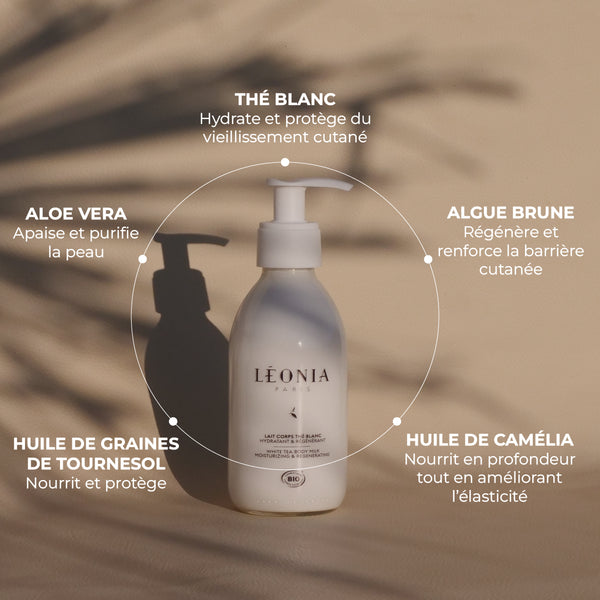 Flacon pompe blanc de lait corps Léonia posé sur une surface en bois entouré des ingrédients thé blanc aloe vera algue brune huile de graines de tournesol et huile de camélia avec leurs bienfaits indiqués sur l’image