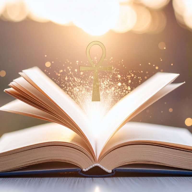 Livre ouvert pages vierges laissant jaillir de la lumière, énergie et une croix d'ankh