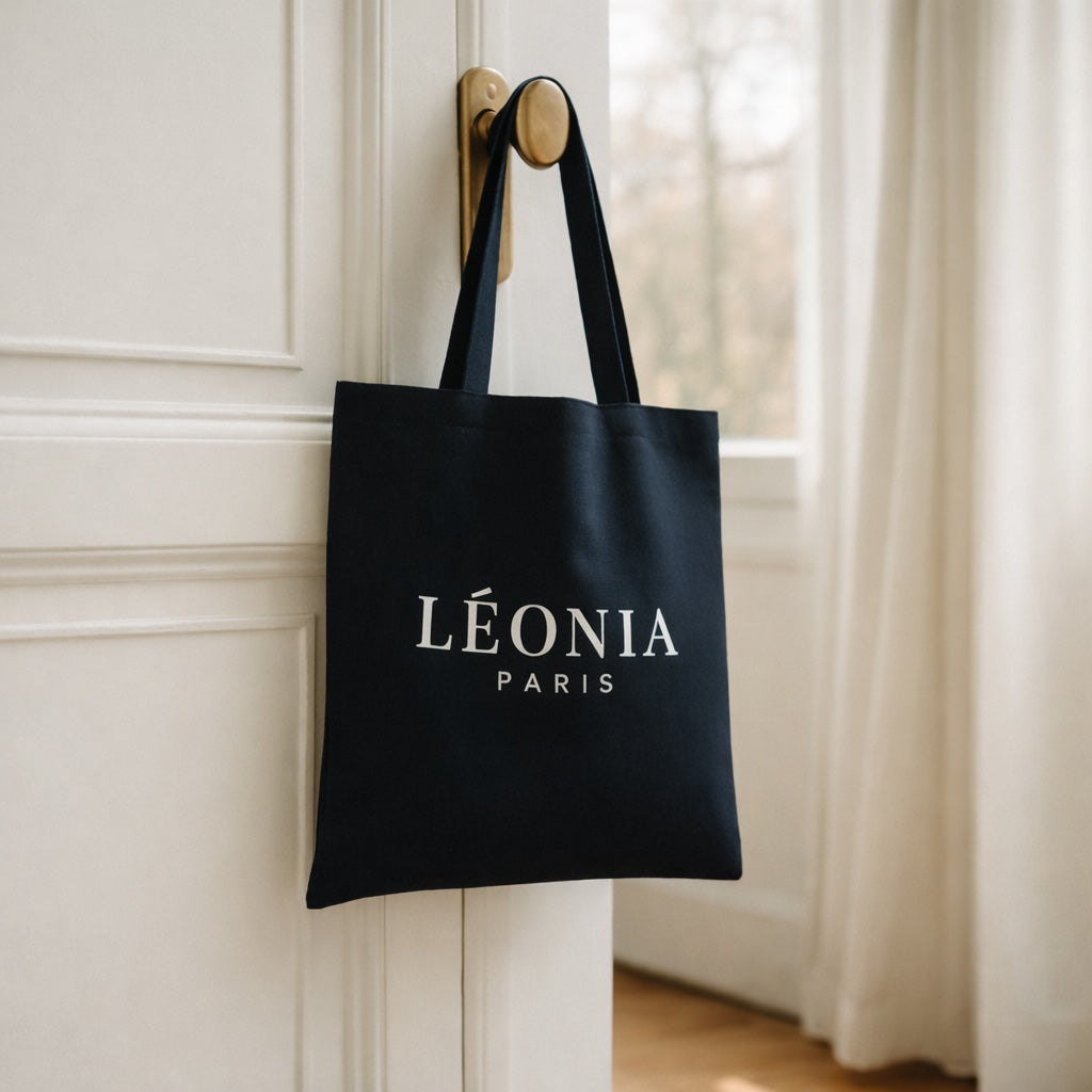 Tote bag noir avec logo blanc de la marque Léonia Paris, accroché à une poignée de porte dorée, ambiance chic et zen