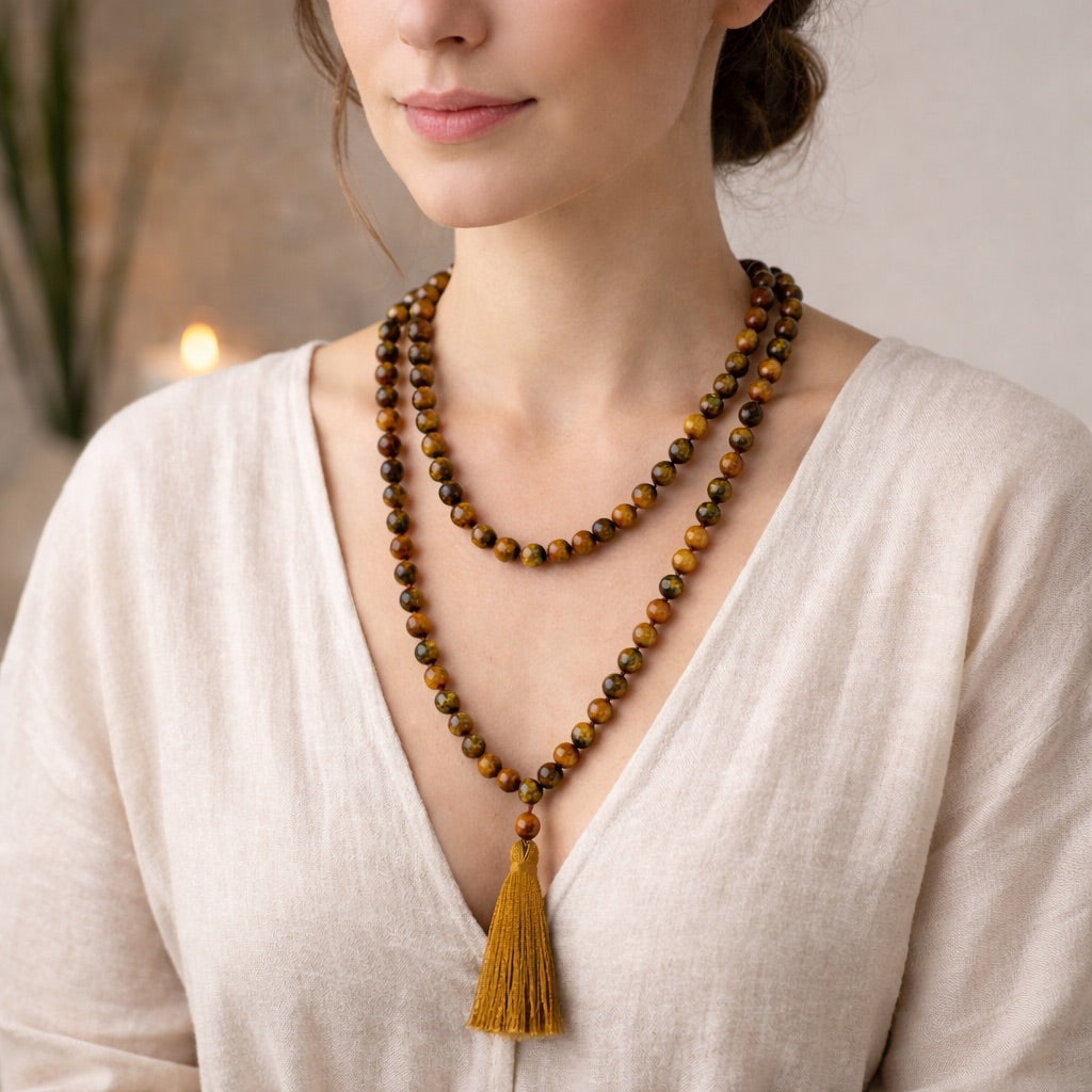Collier mala en perles d'oeil de tigre et pompon en coton marron porté par une femme avec blouse en lin crème