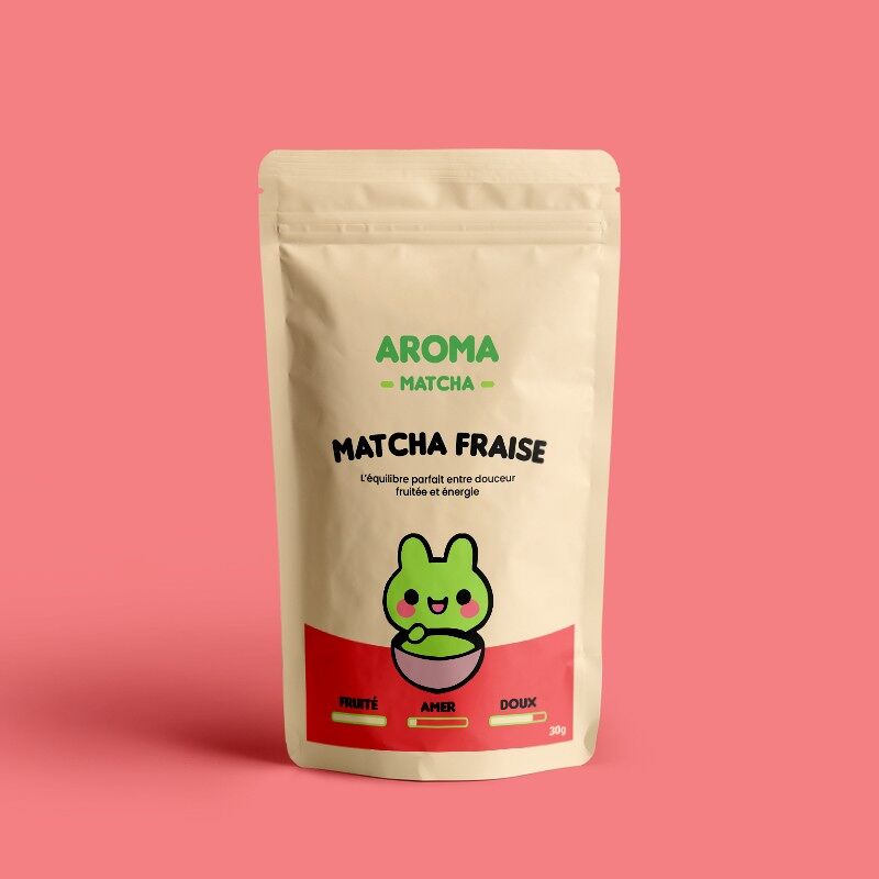 Sachet kraft fermeture hermétique de matcha fraise Aroma Matcha avec dessin de lapin vert et bol de matcha