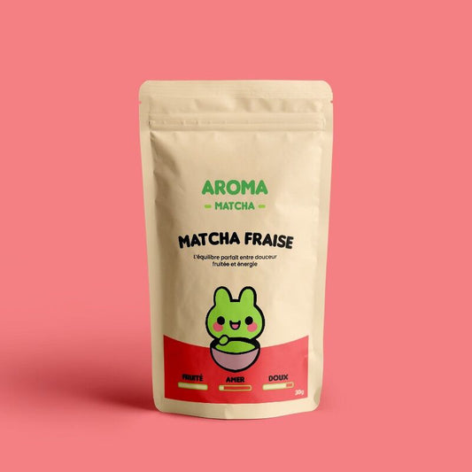 Sachet kraft fermeture hermétique de matcha fraise Aroma Matcha avec dessin de lapin vert et bol de matcha