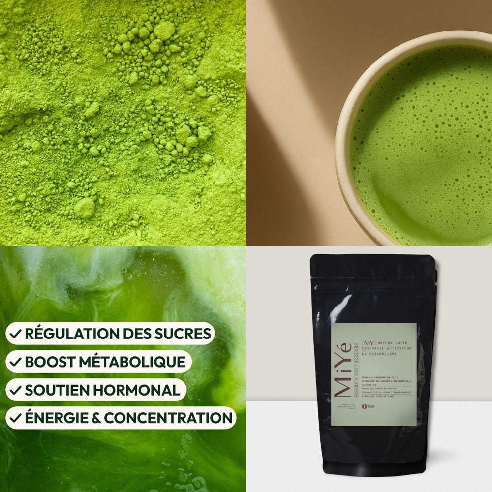 4 visuels du matcha latte activateur de métabolisme de MiYé, bienfaits, poudre de matcha, tasse avec matcha à boire, sachet de matcha latte