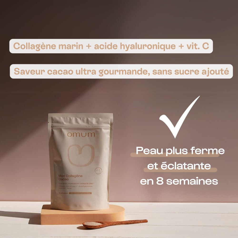 Visuel du complément alimentaire Mon collagène cacao d'Omum, avec ses ingrédients et ses bénéfices sur la peau