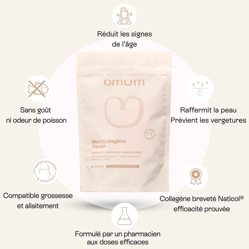 Visuel du complément alimentaire en sachet Mon Collagène Cacao d'Omum et ses bienfaits