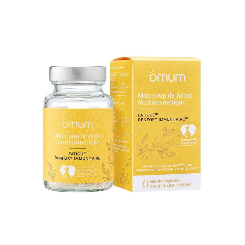 Complément alimentaire Mon coup de boost nutricosmétique Omum flacon verre étiquette jaune et sa boîte en carton jaune