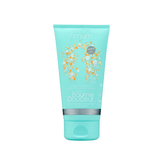 Tube turquoise de l'après shampoing Mon Baume Douceur Omum