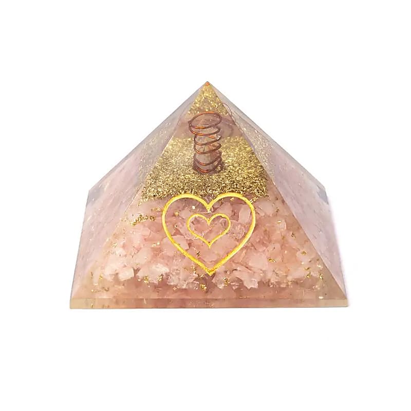 Orgonite pyramide Quartz Rose avec symbole cœur doré et bobine de cuivre De A à KÂ