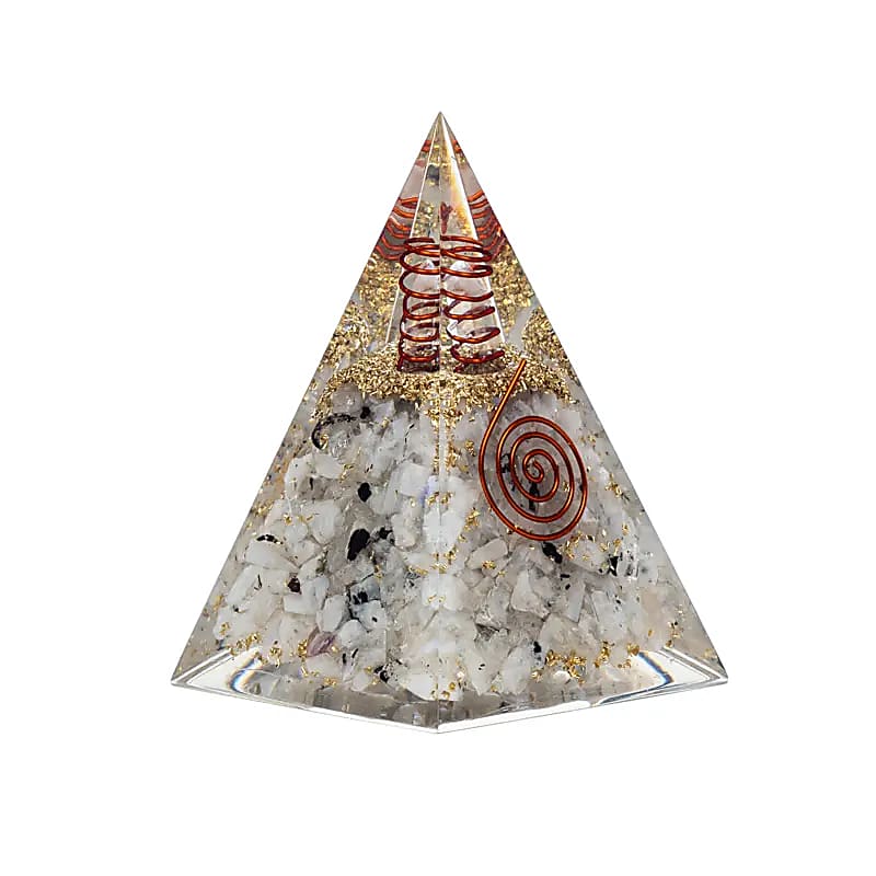 Orgonite pyramide pierre de lune face laterale spirale cuivre et paillettes or