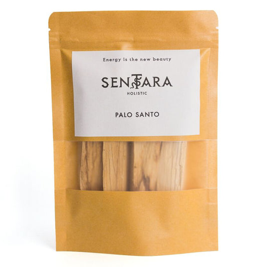 Sachet kraft et transparent de 4 bâtonnets de Palo Santo, étiquette blanche marque Setara Holistic